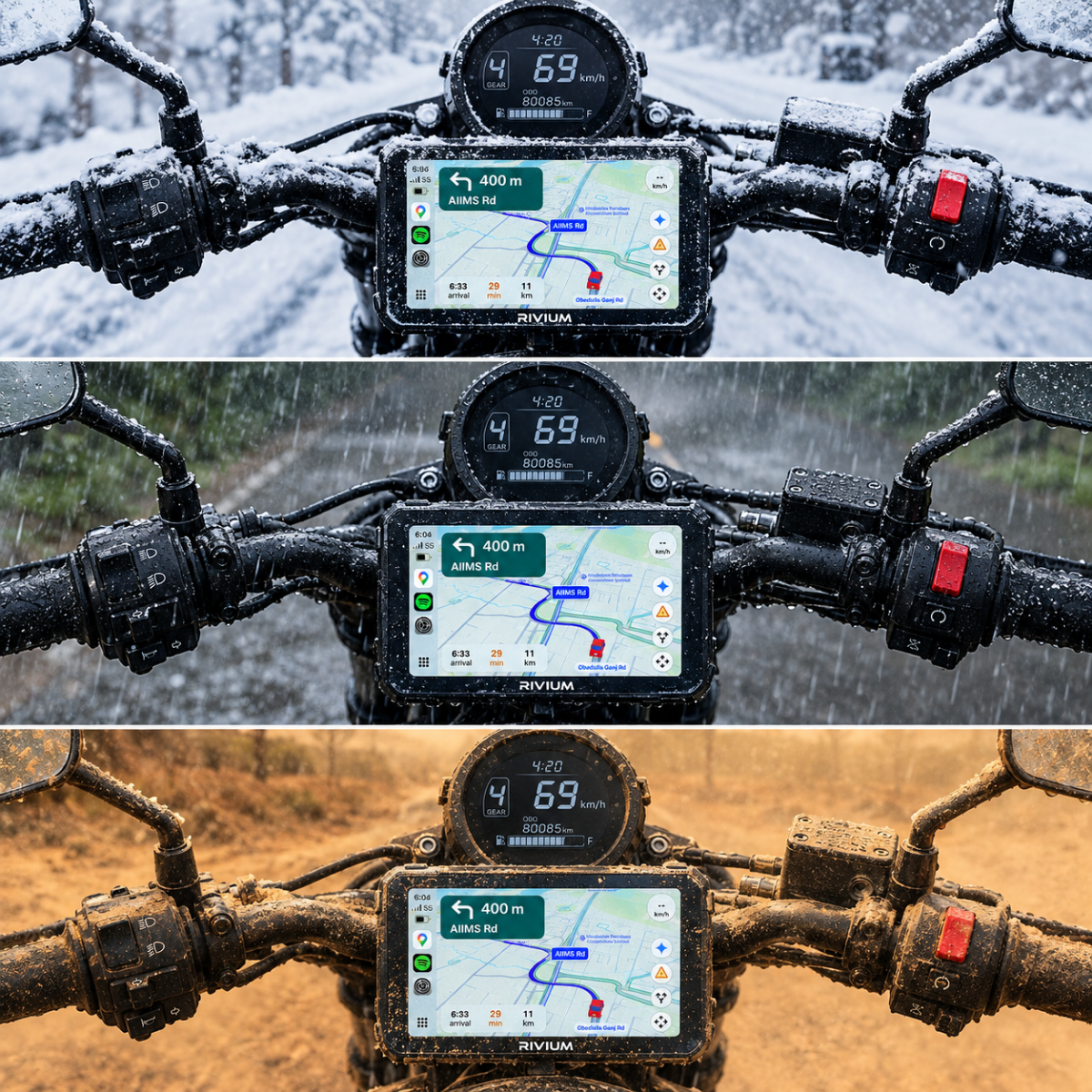 RIVIUM X1 weatherproof display navigating in snowy, rainy and dusty conditions.