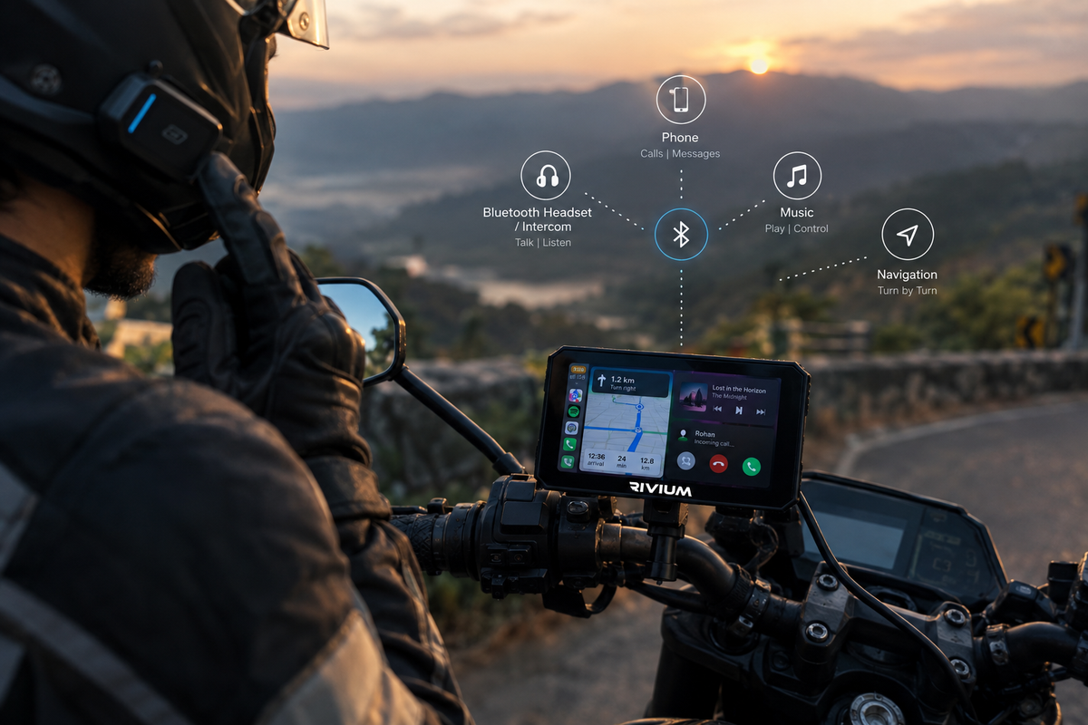 RIVIUM X1 motorcycle display with dual Bluetooth connectivity for navigation, calls and music
