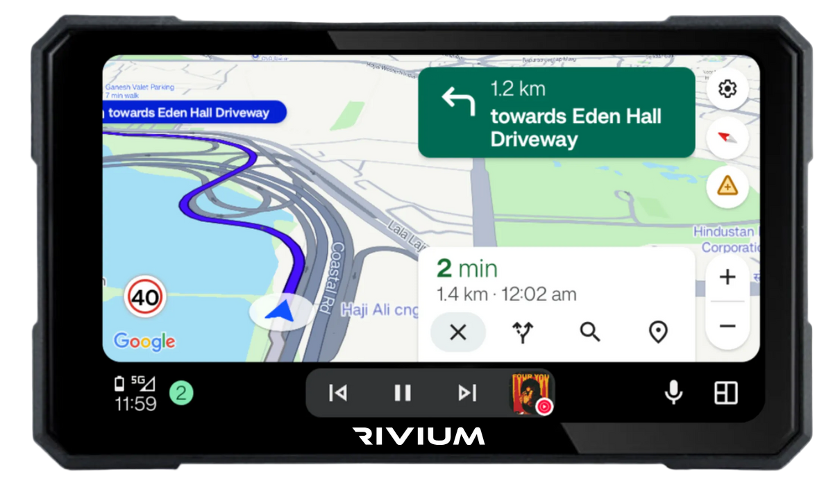 RIVIUM X1 motorcycle CarPlay and Android Auto display showing GPS navigation