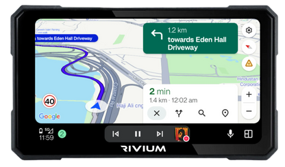 RIVIUM X1 motorcycle CarPlay and Android Auto display showing GPS navigation