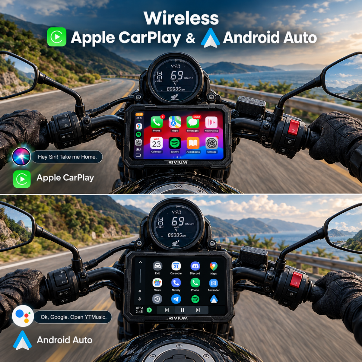 RIVIUM X1 motorcycle carplay display showing wireless Apple CarPlay and Android Auto integration.
