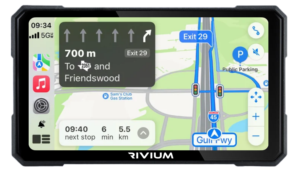 RIVIUM  X1 car navigation display screen showing a map